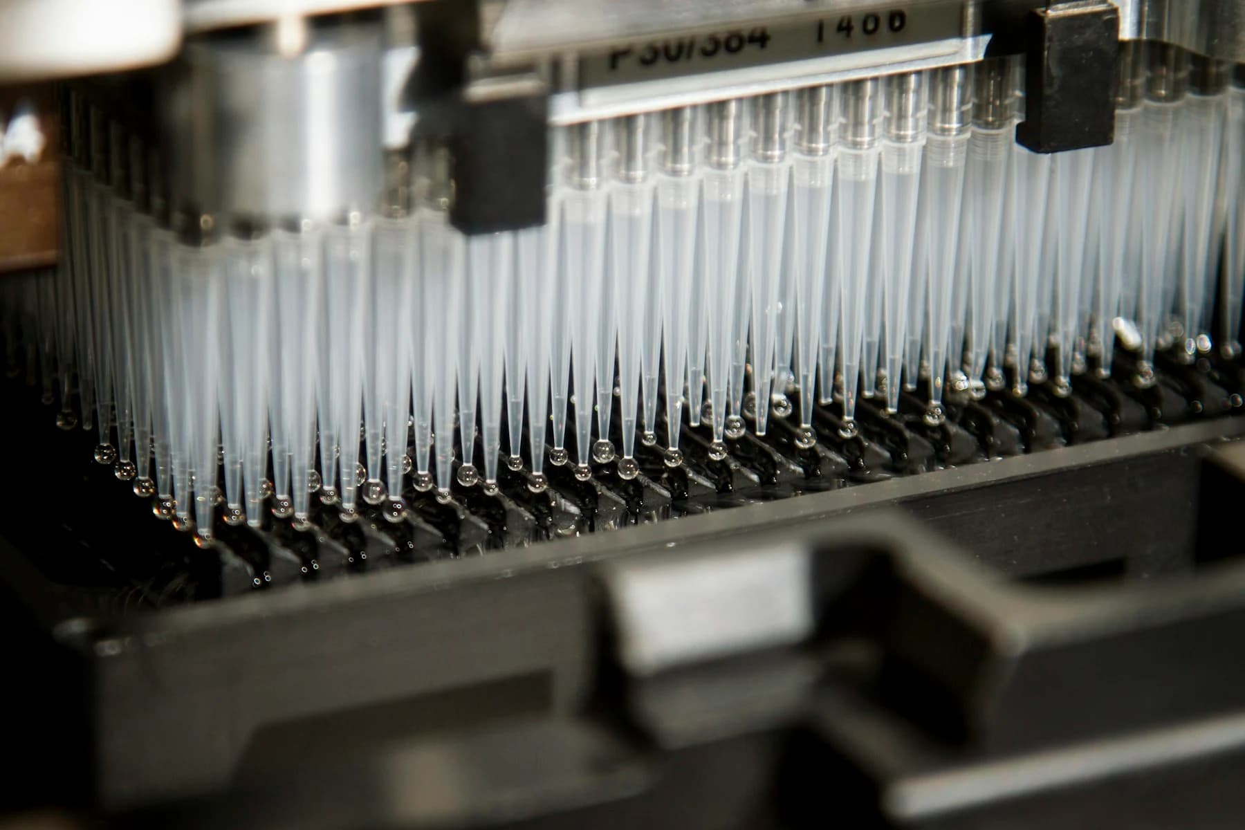 Genomik araştırma laboratuvarındaki otomatik sıvı işleme cihazının pipet uçları.