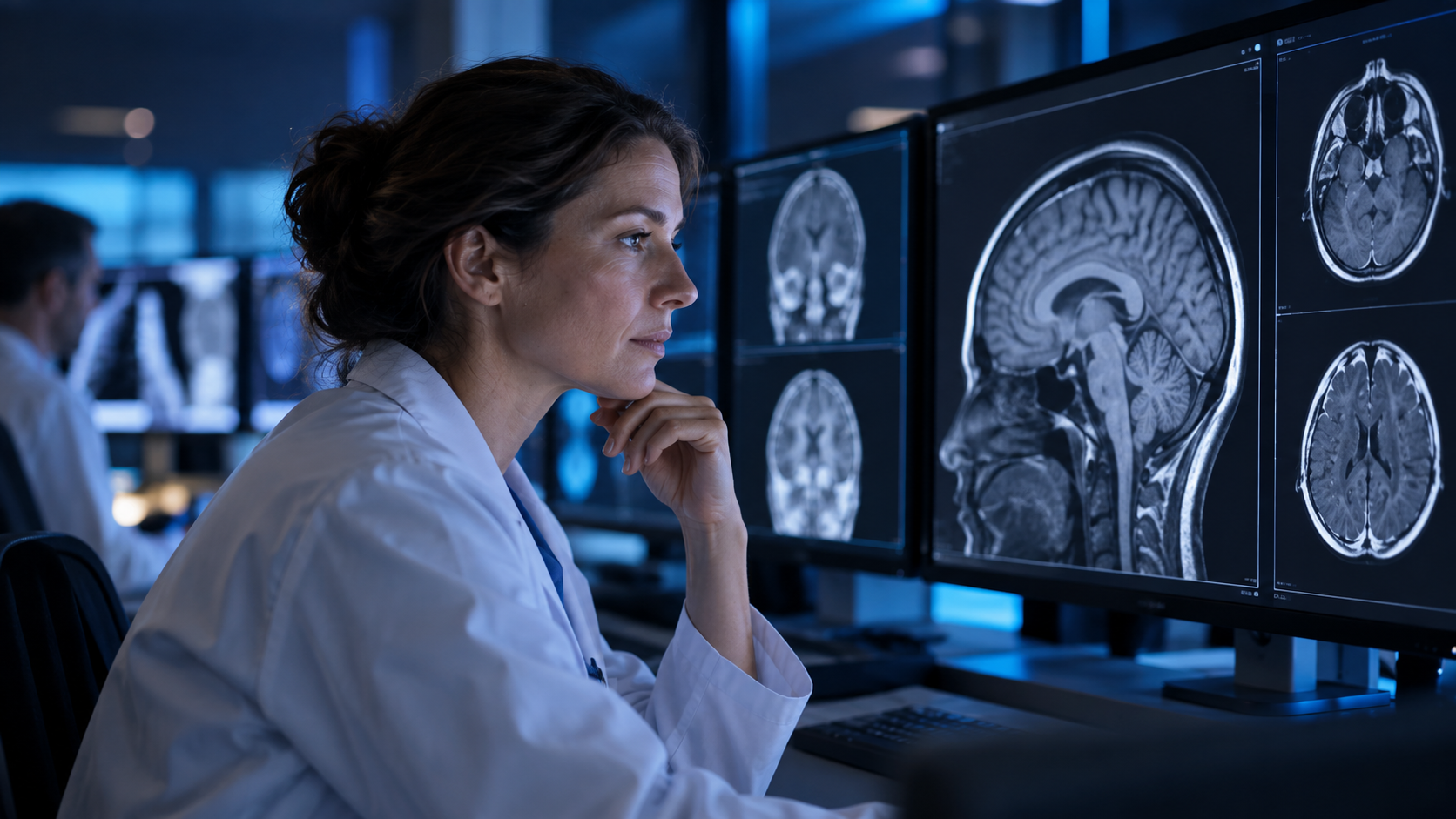 A female radiologist reviewing medical images at a clinical workstation
