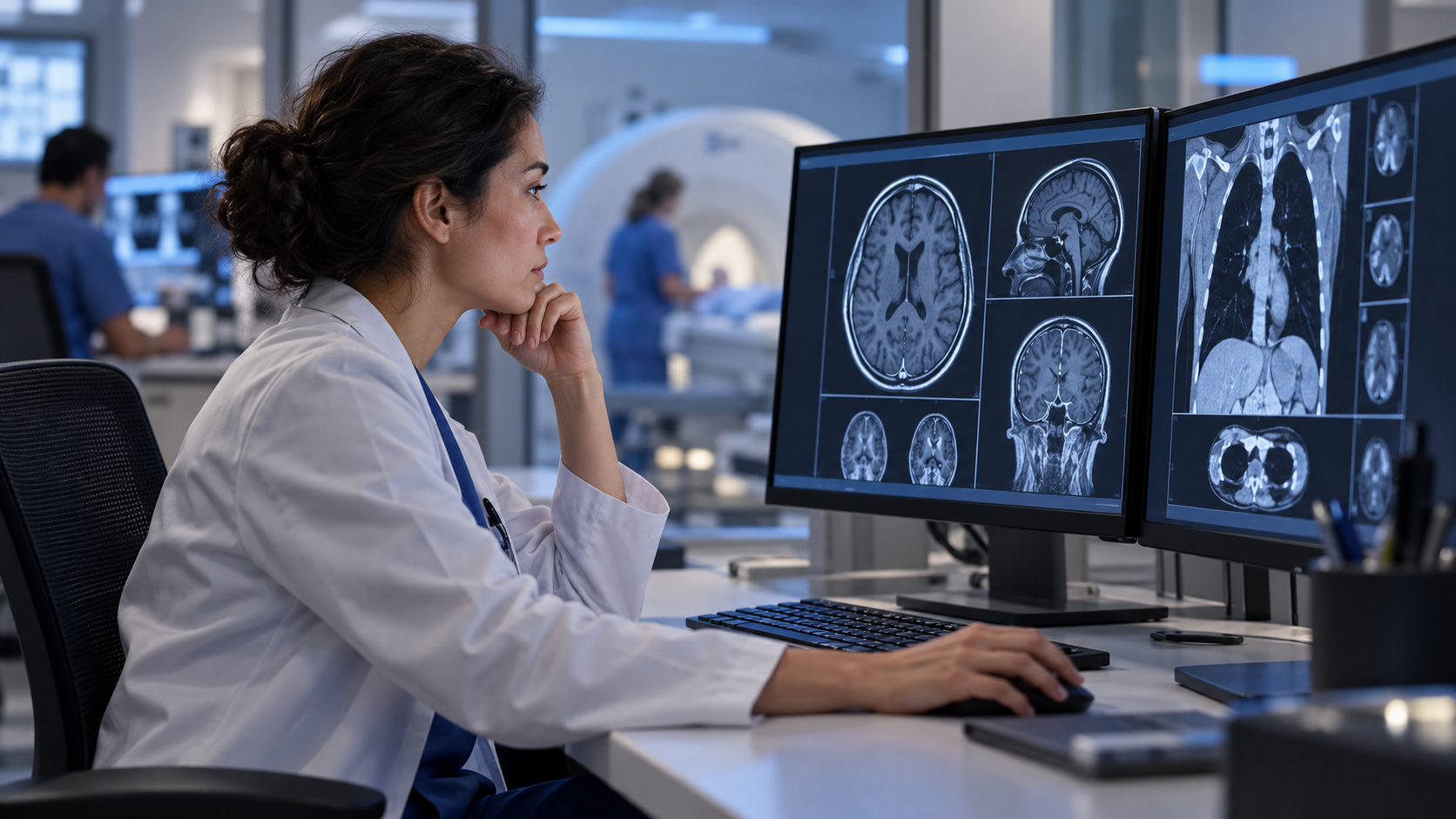 A female radiologist reviewing medical images at a workstation