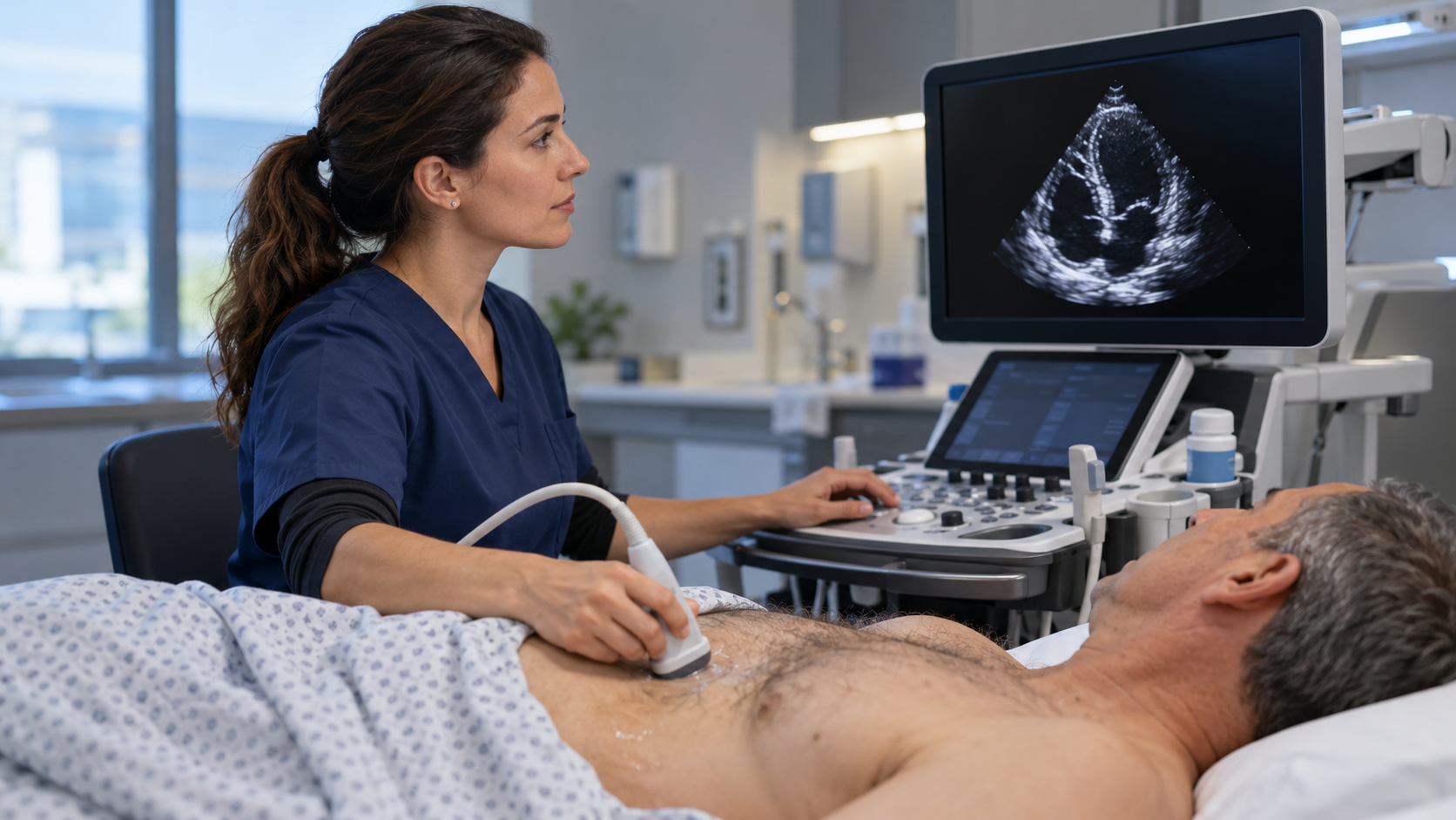 A cardiac sonographer performs an echocardiogram while reviewing the heart ultrasound image