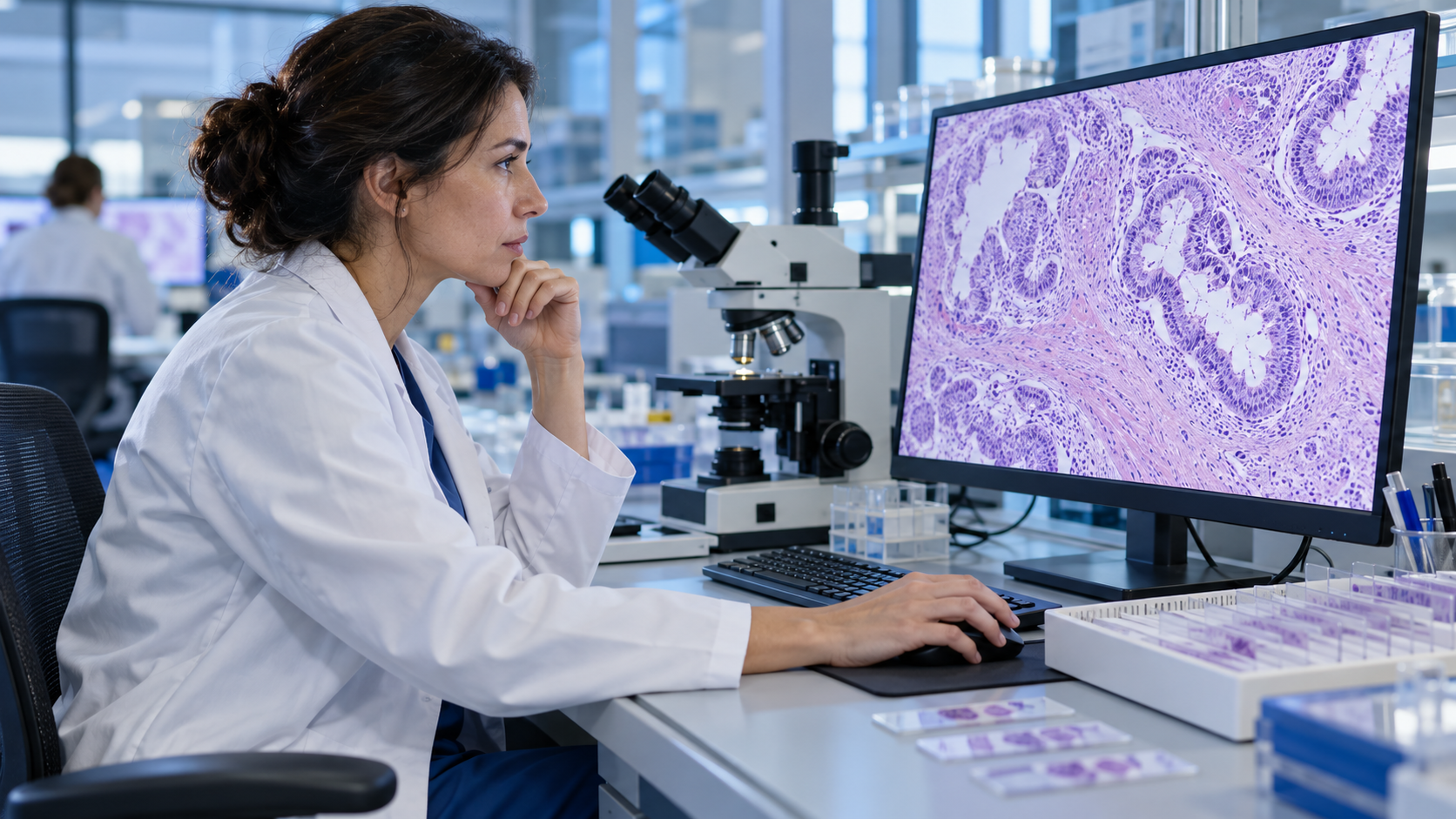 A pathologist reviews a digitized tissue slide at a laboratory workstation